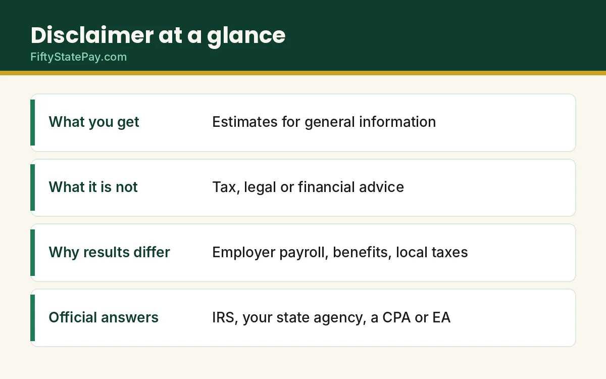 Disclaimer at a glance: estimates for general information, not tax, legal or financial advice