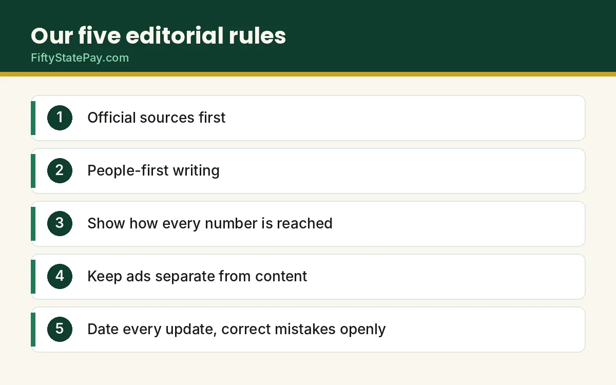 Editorial policy: the five rules FiftyStatePay follows for every page